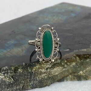 VTG Sterling Silver 925 Filigree Scrollwork Oval Bezel Set Green Onyx Ring 5.5
